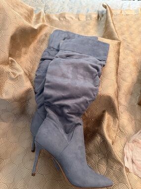 Women's Ash Blue Suede Slouchy Knee-High Stiletto Boots (3”) heel